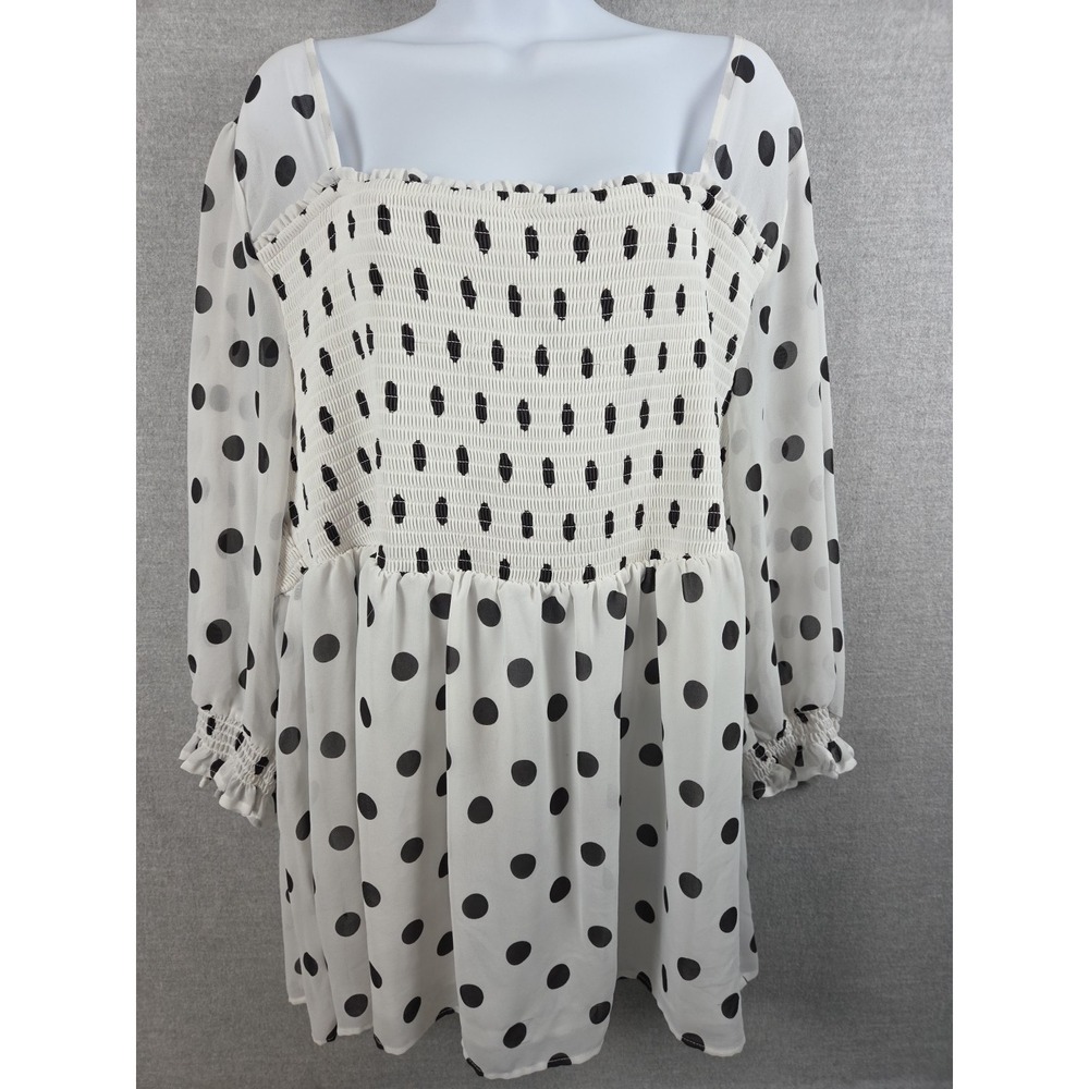 Torrid 3 Blouse Babydoll Chiffon Smocked Polka Dot‎ White Black Whimsigoth Boho
